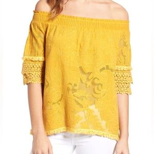 Kobi Halperin Embroidered Off the Shoulder Top, Yellow, Cotton